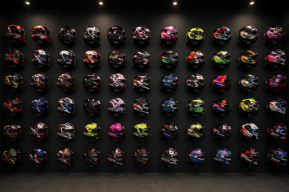 Parede de capacetes LS2 na loja Barreirão Motos