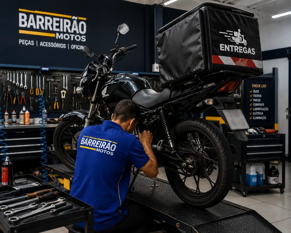 Mecânico da Barreirão Motos fazendo serviço na moto