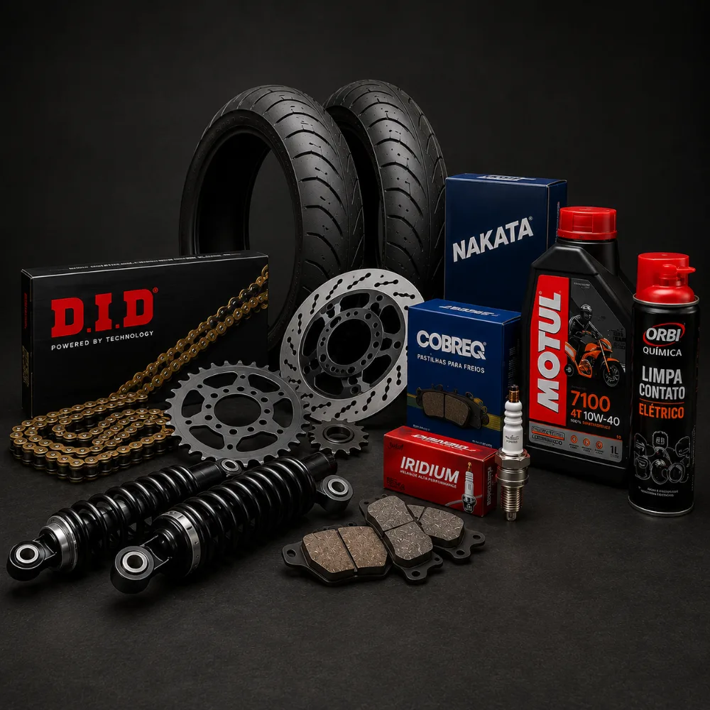 Peças e produtos de moto: pneu, corrente DID, disco de freio, pastilha Cobreq, óleo Motul, vela e amortecedor